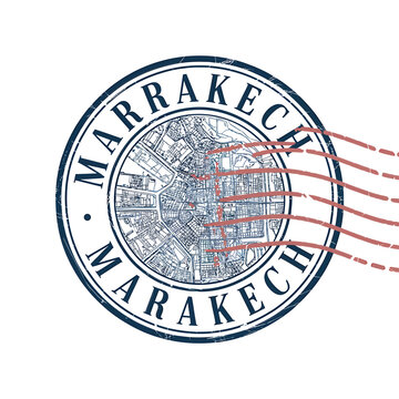 Vintage style circular stamp featuring a map of marrakech morocco