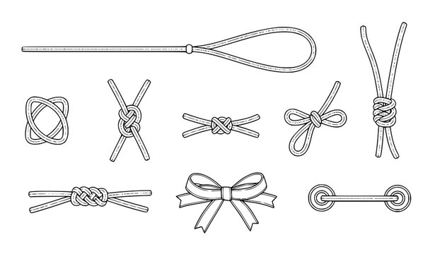 Rope Knot and Bow Tie Icon Set with Various String Knots, Shoelace Bows and Cord Binding Symbols for Craft and Design