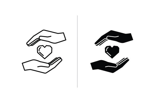 Hands holding a heart, representing love, care, support, or charity in outline and solid black icon.