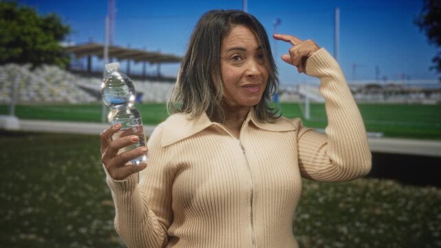 Hispanic woman holds water bottle and points finger to head while gesturing with her hand in a stadium building with stands visible; playful reminder.