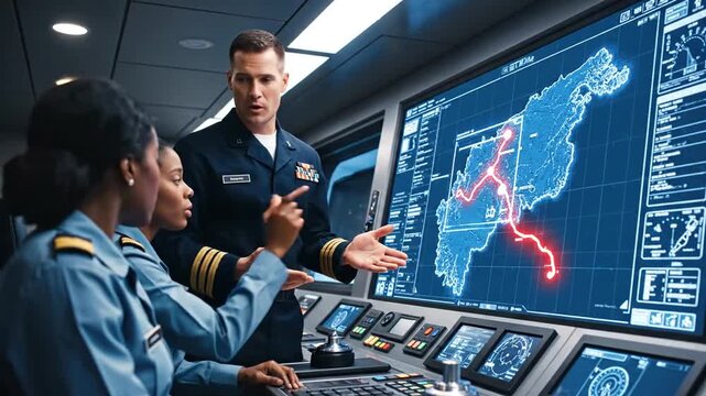 Military personnel analyzing tactical map on screen.