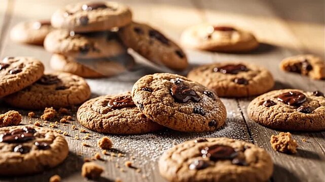 A delicious spread of chocolate chip cookies.