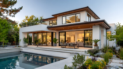 Fototapeta premium Luxury Modern Home with Swimming Pool and Glass Walls
