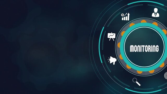 Professional business monitoring and corporate data tracking concept with digital motion graphics. Strategic performance analysis icons and organizational success visualization.