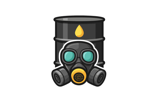 Gas mask and oil barrel icon with yellow drop