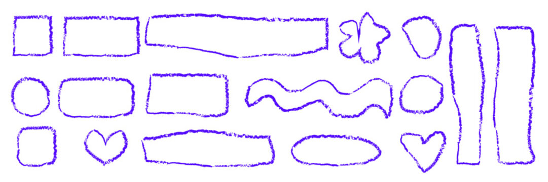 Set of blue unfilled crayon frames in childish  style. Marker, wax or pencil handdrawn shapes as a speech bubbles or title emphasys. Vector texture