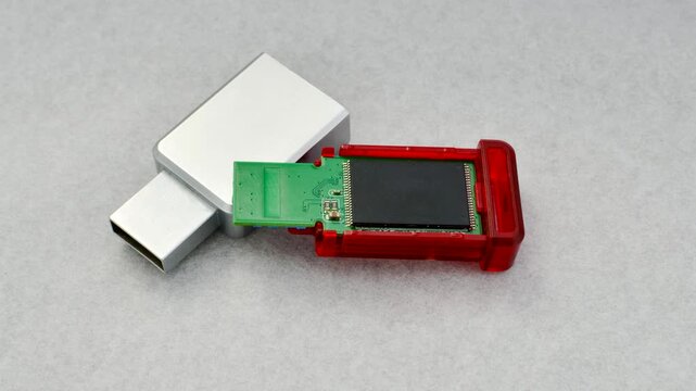 Close-up of a disassembled USB flash drive on a white background, revealing its internal complexity. Close-up of an open USB flash drive, exposing circuits and connections, on a white surface.
