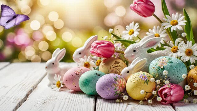 Easter bunny decorations with colorful eggs and spring flowers