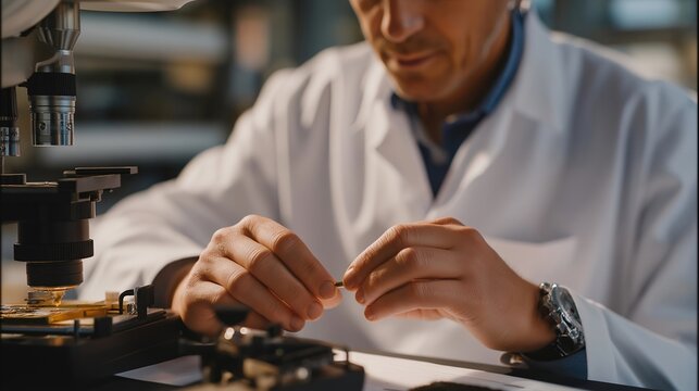 Close up hands calibrating spectrometer instruments for detecting water molecules in Martian soil samples, laboratory technician adjusting sensitive measurement parameters, perfect for astrobiology