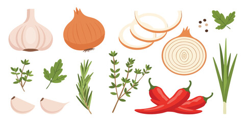 Onion Herbs Flat 2D Illustration Set – Cooking Ingredient Vector, Isolated Transparent Background © Yadi