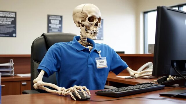Skeleton office worker typing and answering a phone call