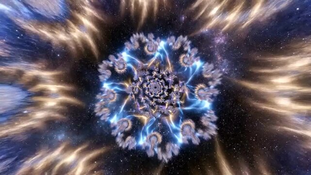 Vibrant fractal design with glowing blue and gold patterns in space.
