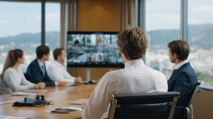 Fototapeta premium Corporate security team training employees to identify deepfake video calls using detection software shown on presentation screen in conference room with cityscape view, ideal for deepfake