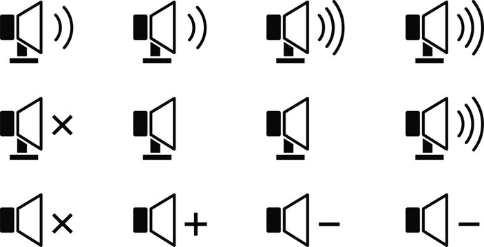 Speaker volume control icons set including sound on, mute, increase and decrease symbols for audio settings, multimedia interface outline vector collection