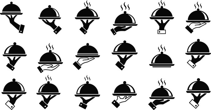 Food serving tray icons set with waiter hands holding cloche covers, restaurant catering service symbols, hospitality dining platter silhouette vector collection
