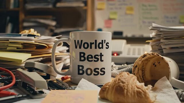 World's best boss mug steaming on a messy desk