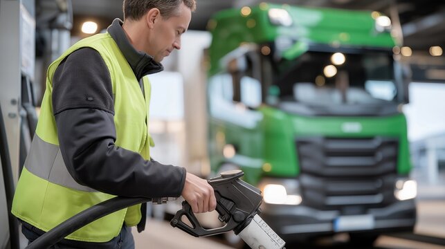 Hydrogen refueling station nozzle connecting to delivery truck, driver in high-visibility vest managing fuel transfer, commercial fleet decarbonization at logistics hub, perfect for heavy transport