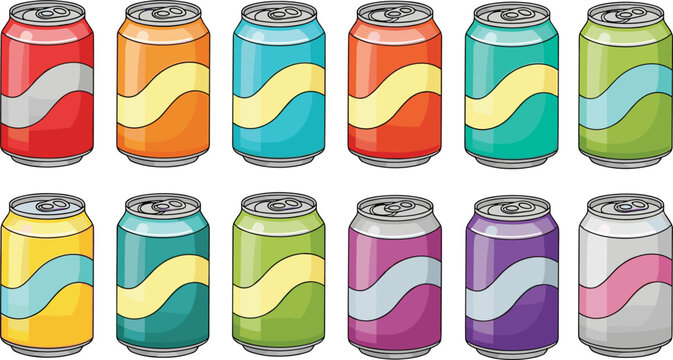 Colorful soda can vector set with aluminum beverage cans in different flavors, soft drink packaging collection for cola, sparkling drinks and refreshment branding