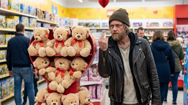 Standing man flipping off in toy aisle by heart display of teddy bears, wearing olive-green beanie
