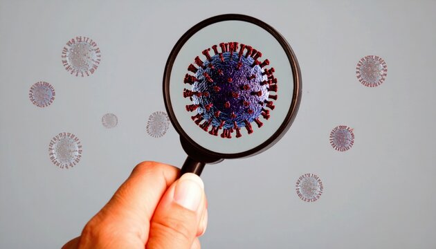 Close-up of a hand holding a magnifying glass over a virus.