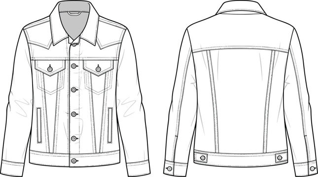 Classic denim trucker jacket technical fashion flat sketch with buttoned flap pockets and adjustable hem, cad drawing flat vector illustration