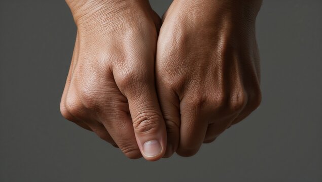 Clasping adult male hands showing knuckles, fingernails, creases, veins and skin texture in studio