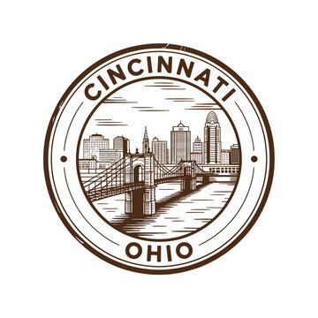 Vintage style circular emblem featuring the cincinnati skyline and ohio text