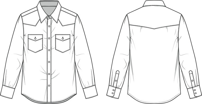 Long sleeve western shirt technical fashion flat sketch with yoke details and flap pockets, cad drawing flat vector illustration for design