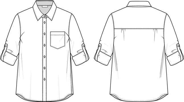 Long sleeve button down shirt technical fashion sketch, roll tab sleeves front back view cad drawing flat vector illustration for tech pack
