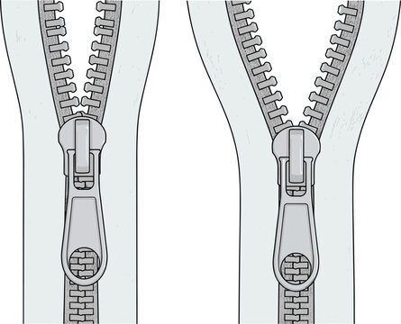 Metal zipper puller technical fashion sketch, open and closed fastener detail cad drawing flat vector illustration for apparel design tech pack