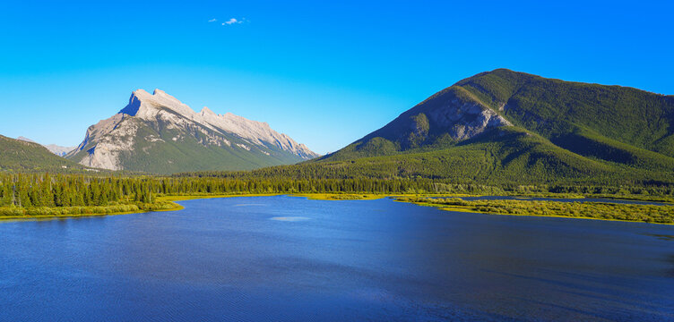 Vermilion lakes overlooked by Mount Rundle and Sulphur Mountain in the Bow River Valley, Banff National Park, Alberta, Canada