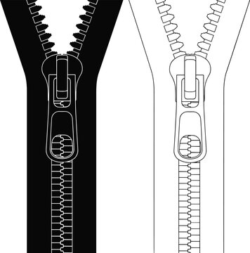 Zipper technical flat sketch with slider and puller detail in black and white versions, garment trim hardware vector illustration.
