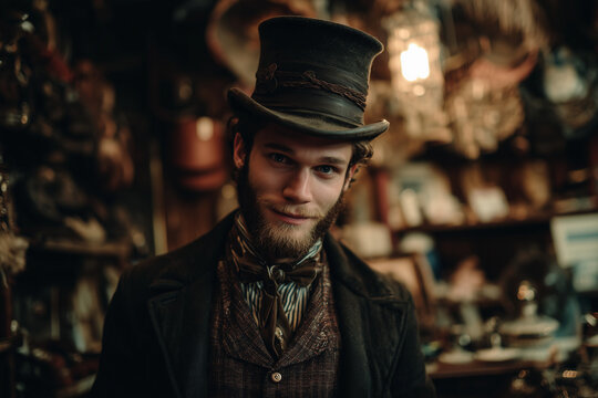 Handsome Mid-Adult Man in Victorian Steampunk Costume with Top Hat and Mutton Chops