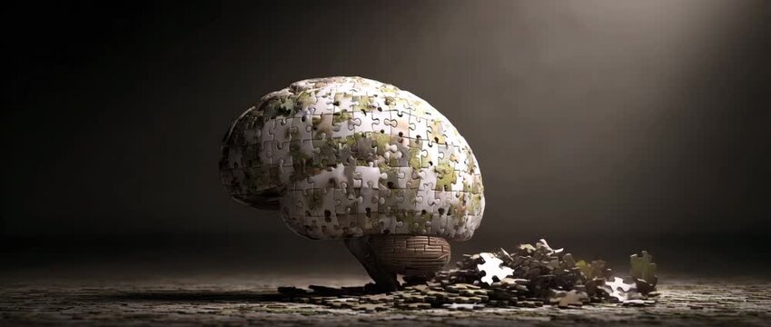 Puzzle Brain Concept. 3D illustration of a human brain made from interlocking puzzle pieces with fragments breaking away.