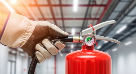 Naklejka premium Gloved hand of a professional firefighter holds a red fire extinguisher, ready for emergency fire suppression in a warehouse