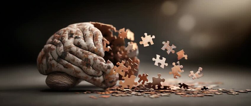 Puzzle Brain Concept. 3D illustration of a human brain made from interlocking puzzle pieces with fragments breaking away.