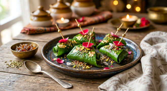 Paan Beeda or Meetha Paan or sweet beeda or tambool is a popular Indian mouth freshener and after-meal digestive made from betel leaves folded with fillings like gulkand (rose petal jam), fennel seeds
