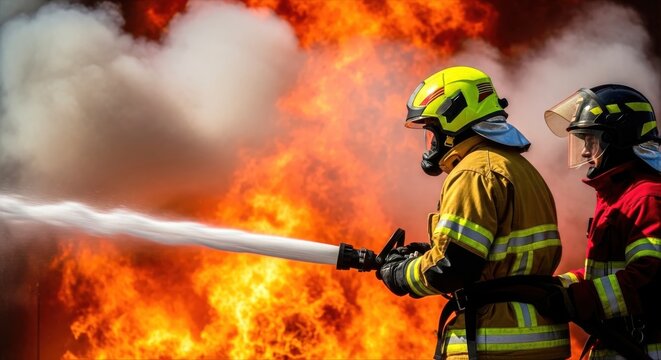 Firefighter team bravely battles a raging inferno with powerful water stream