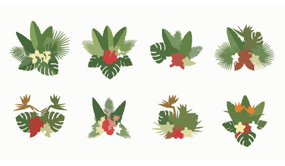 Exotic tropical flower bouquets vector illustration with palm leaves hibiscus plumeria bird of paradise floral arrangements © BijoyChandra