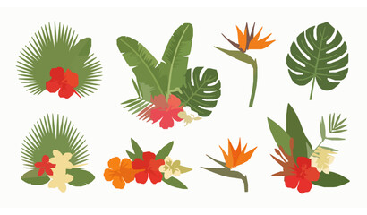 Tropical leaves and exotic flowers vector set with palm banana leaf hibiscus plumeria and bird of paradise flat botanical collection © BijoyChandra