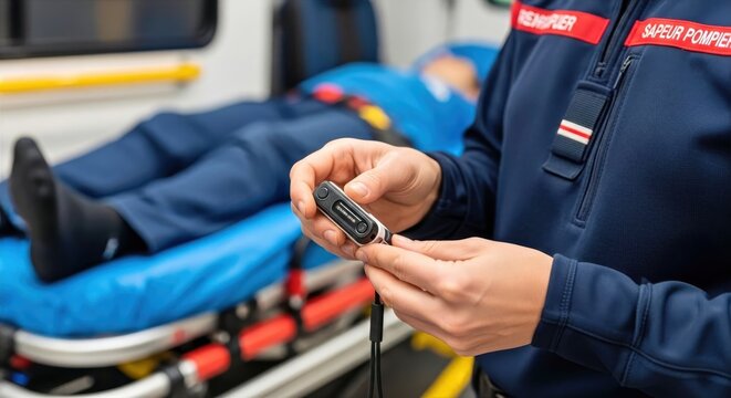 Professional firefighter checks vital signs with medical device during emergency rescue operation, assisting a patient on a stretcher in an ambulance