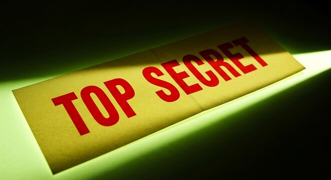 A yellow envelope labeled Top Secret with a green light shining on it in a dark room.