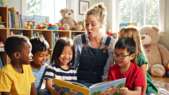 Smiling teacher reading to diverse children.