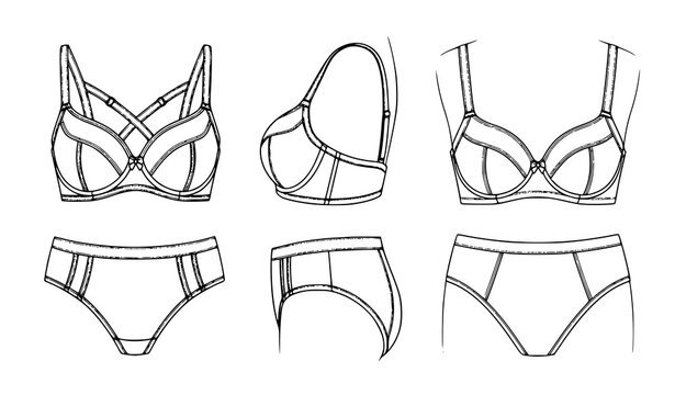 Women lingerie bra and panties technical fashion illustration set showing front, side and back views of modern intimate apparel design