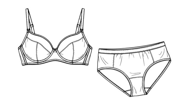 Women lingerie bra and panties set technical fashion illustration featuring modern feminine underwear design for intimate apparel collection