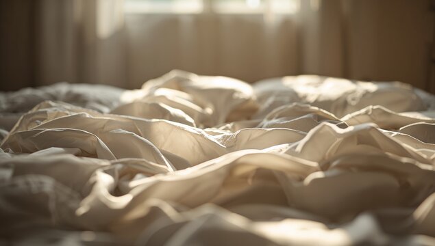 Showing rumpled cream duvet and sheets catching morning sunlight at bedroom window, with pillows