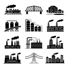Obraz premium Industrial icons set with factories bridges and trains industrialization and infrastructure symbols