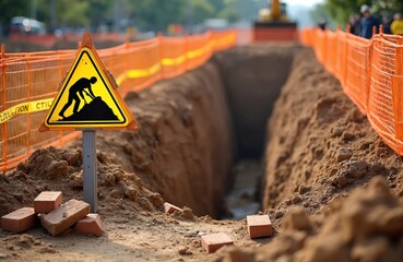 Fototapeta premium Construction site with trench and safety sign. Orange fence and yellow netting surround dirt excavation area. Heavy machinery visible in distance. Urban development project underway.
