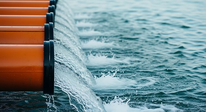 A large orange flood barrier with black joints holds back turbulent water on a stormy day