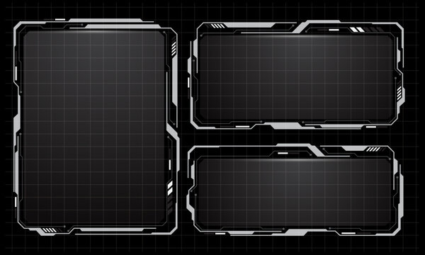 HUD frames grey user interface elements design modern technology futuristic control panel screen digital hologram window gaming menu touching cyber monitor set on black background vector